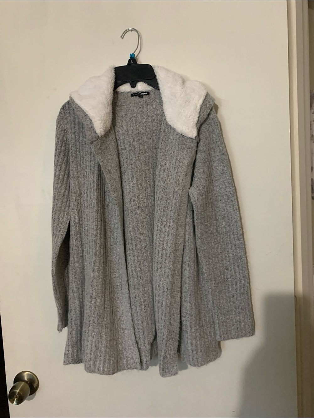 Fashion Nova Light Gray Open-Front Cardigan with White Faux-Sherpa Collar